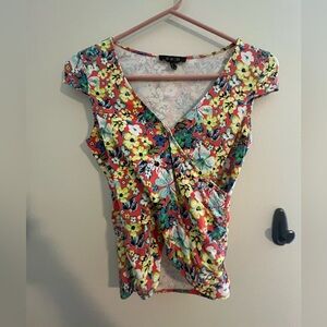 Floral Cap shoulder crop wrap shirt